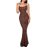 Kaei&Shi Rhinestone Mesh Dress,Glitter Sparkly Embellished Sheer Maxi Dresses,Sexy Birthday Outfit for Women Cocktail Party