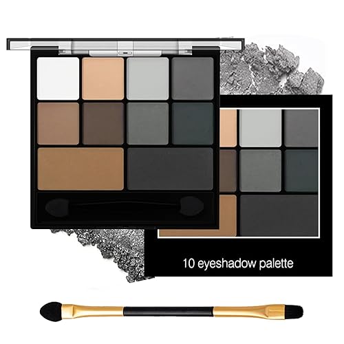 INBOLM Smokey Eyeshadow Palette - 10 Matte Black Grey Shades With Dual-Ended Applicator Brush for Women - Waterproof and Long Lasting