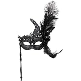 Thmyo Venetian Halloween Mardi Gras Party Mask with Holding Stick, Carnival Handheld Metal Feather Rhinestone Masquerade Mask