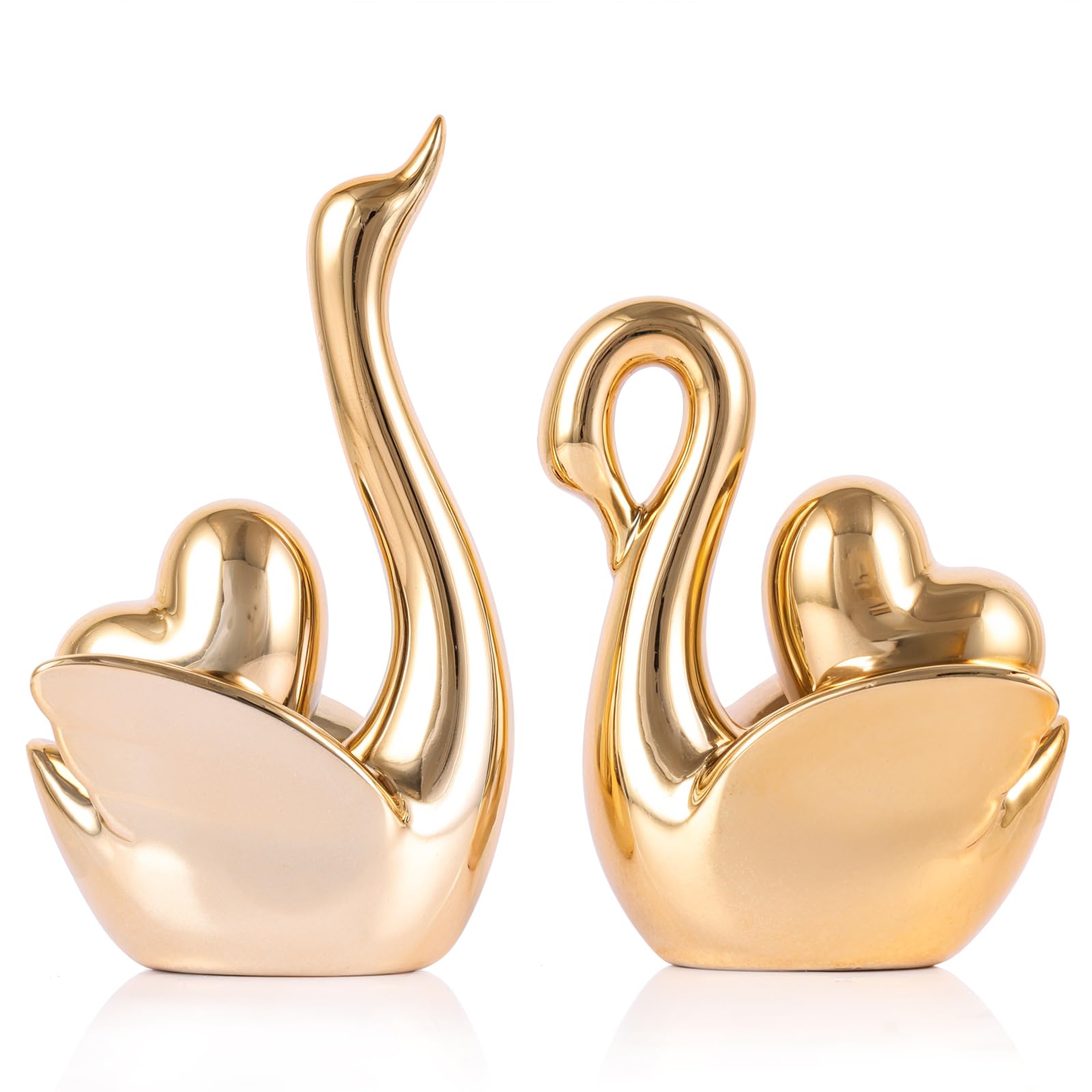 Photo 1 of Ceramic Swan Couple Figurines – Gold Swan with Gold Heart Statue, Romantic for Couples Parents, Swan Decor Wedding Mini Statues, Bedroom Dresser Shelf Decor Knick Knacks