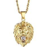 KNITUKL Mens Necklace Lion Head Pendant Necklace, Mens Stainless Steel Gothic 22 Inch Biker Link Chain Gold