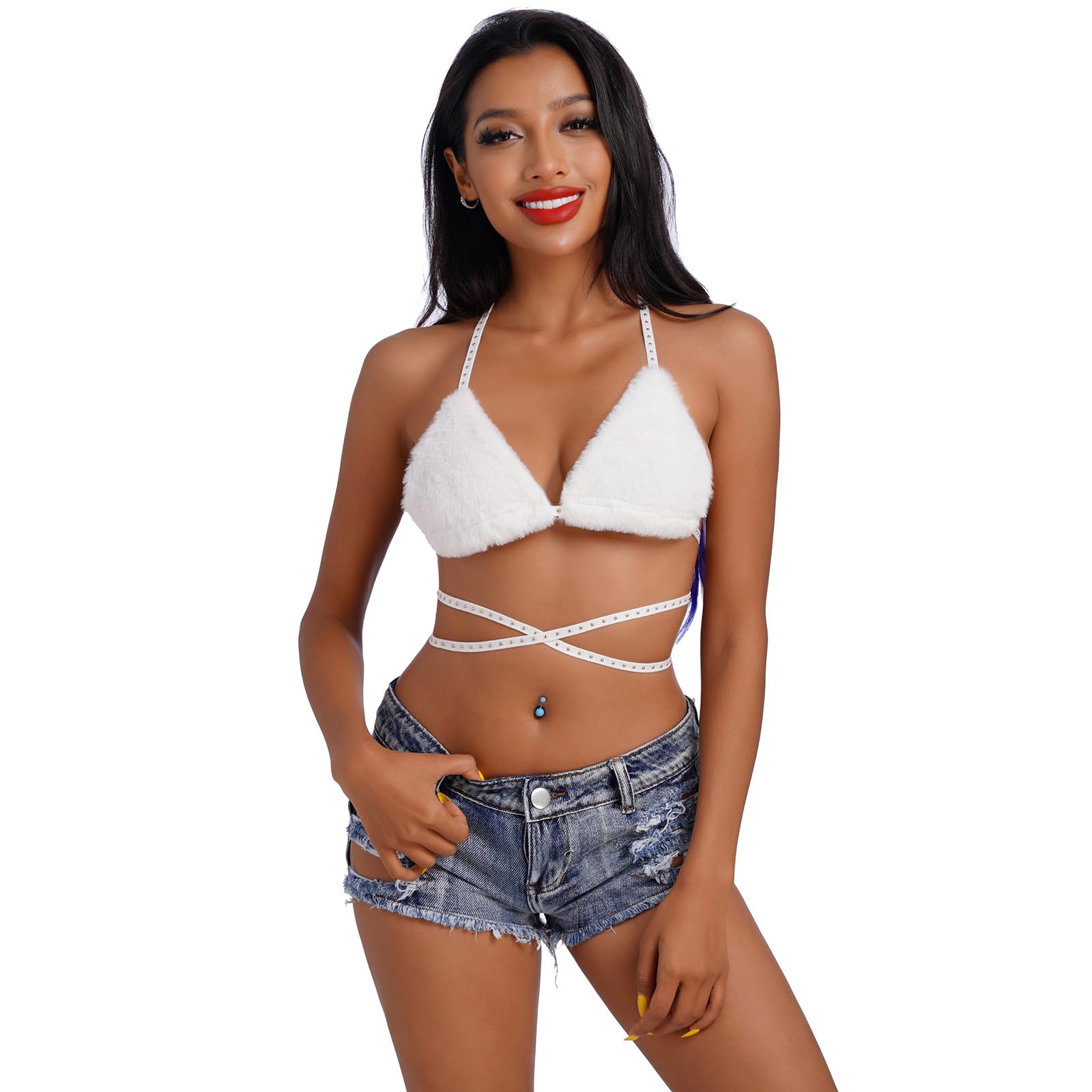 Photo 1 of Women's Rave Bra Top Fluffy Faux Fur Spaghetti Straps Halter Neck Triangle Bralette Cami Tanks Festival Party Dance Hot Crop Top Clubwear White One Size
