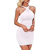 Kaximil Women's Sexy Ruched Sleeveless Criss Cross Bodycon Club Party Short Mini Dresses
