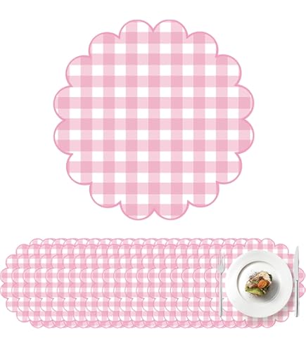 Funnymoom 60 Pcs Green And White Gingham Disposable Paper Placemats Round Table Place Mat Summer Checkered Decorative Paper For Baby Shower Wedding Birthday Party Dinner Table Decor