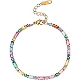 AVEKENY 18K Gold Plated Multi-Color Classic Tennis Bracelet for Women Dainty Color 3mm Rainbow Cubic Zirconia Bracelet Adjustable CZ Gold Bracelets Trendy Summer Jewelry Gift