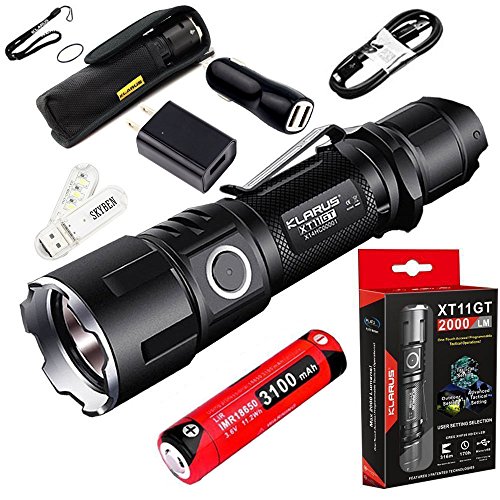 Klarus XT11GT 2000 Lumens CREE XPH35 HD E4 LED 18650 Tactical USB Rechargeable Flashlight with 1x 3100mah Battery with ,Car Charger,Wall Adaptor and SKYBEN USB Light (XT11GT)