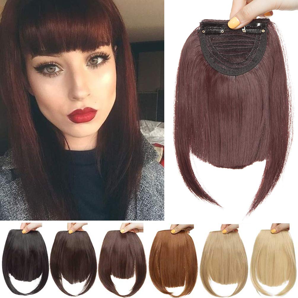Clip in Hair Bangs Fringe Bangs Hair Extensions Straight Bangs with Temple Hairpieces Accessories Thick Full Neat Front Bangs Hair Piece Wine Red