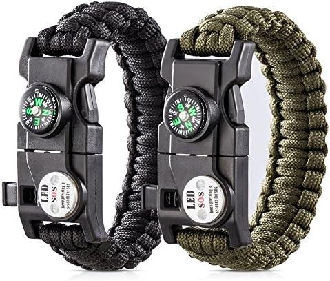 WORSPODAY Paracord Bracelet, Essential Survival Gear Kit with SOS Led Light, Compass, Fire Starter, Whistle, 550 Grade Perfect for Camping, Hiking, Survival Trips, Pack of 2