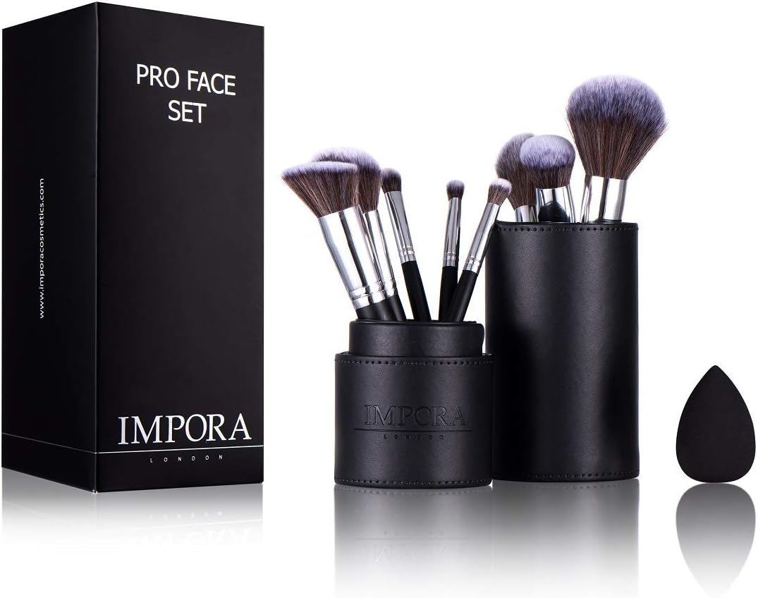 Makeup Brush Set with Case and Blending Sponge - Powder Brush, Highlight Contour Brush, Eyeshadow Blending Brush, Beauty Sponge & more [8 Fluffy Face Brushes, Holder, Blender]