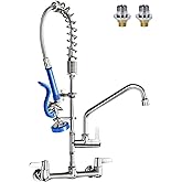 Akwadu Commercial Faucet with Sprayer 25" Height 8" Adjustable Center 10" Swing Spout,Brass Constructed Wall Mount Kitchen Sink Faucet with Pull Down Pre-Rinse Sprayer for 1/2/3 Compartment Sink