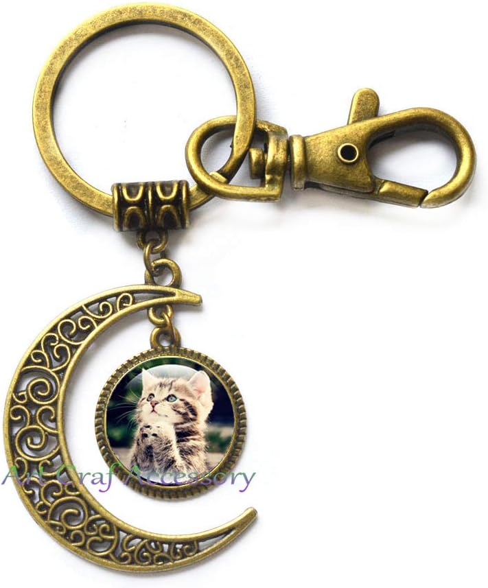 Praying Cat Key Ring Moon Keychain Women Fashion Jewelry Glass Cabochon Silver Statement Chain Moon Keychain Giftt,RN125 (G2)