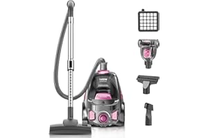 PKUYIE Canister Vacuum Cleaner, 40Kpa 1600W Cyclon Power, Dust Full Indicator, Double HEPA Filters, 3.7Qt Large Capacity, Lightweight Vac for Hard Floors, Carpets, Pet Hair, Pink