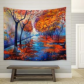Oil Painting Style Trees on The Road in Autumn - Fabric Tapestry, Home Decor - 51x60 inches