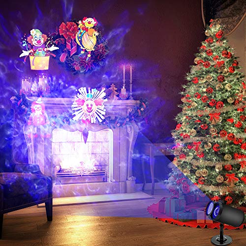 Christmas Projector Lights, 2-in-1 Moving Patterns with Ocean Wave LED Landscape Lights Waterproof Outdoor Indoor Xmas Theme Party Yard Garden Decorations, 16 Slides 10 Colors