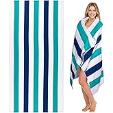 cabanana Large Oversized Beach Towel - Microfiber Sand Free 35 x 70 Inch Quick Dry Lightweight Pool Towel for Adults, Thin Striped Swim Towel (Turquoise)