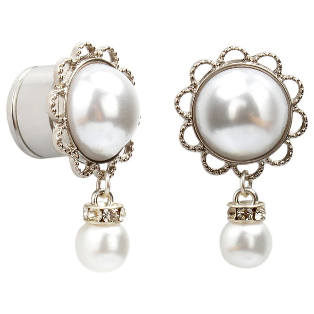 Huacan 2Pcs Ear Tunnels, Flesh tunnel Plugs Stainless Steel With O-ring Single Flared Unscrew White Crystal Pearl Dangle for Women and Girl 6mm-16mm
