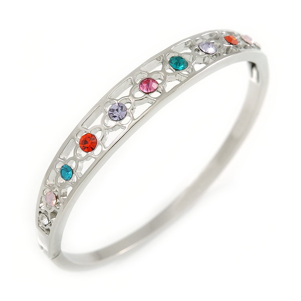 Avalaya Multicoloured Crystal Floral Bangle Bracelet/Polished Silver Tone/ 19cm L/Size M/L