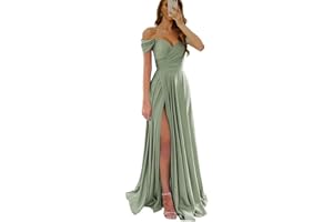 Wirunsy Women's Off The Shoulder Bridesmaid Dresses with Slit Satin Formal Gowns Long Prom Evening Party Dress with Pockets
