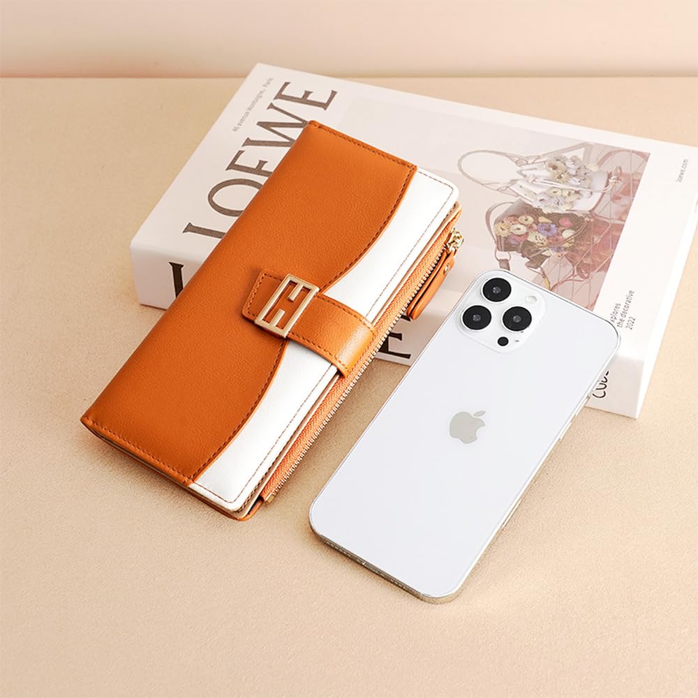 Gosyfeti Slim Thin Wallets for Women, Ladies Trendy Bifold Long Purse, Large Capacity Cards Holder with Zipper Pocket for Cash, Coins, ID Card (Brown)