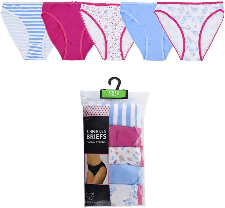 Surf the Shop Ladies 5 Pack Hi-Leg Briefs Floral/Leopard/Pink-Blue-White Designs Size 10-16