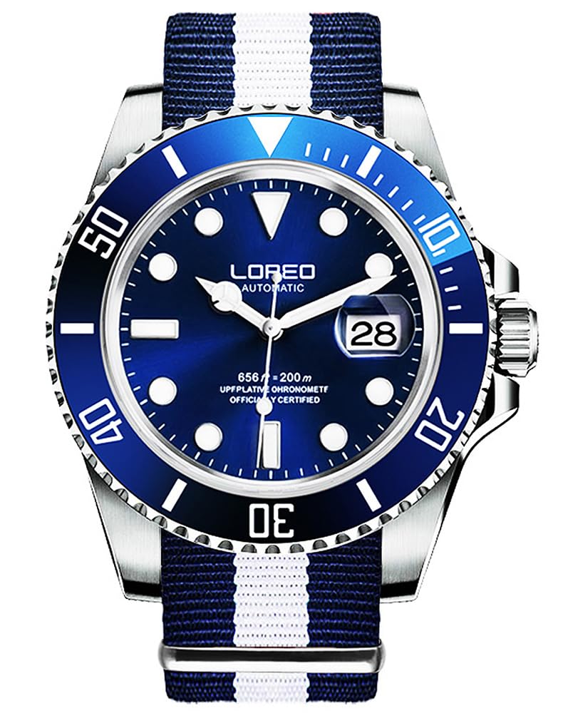 LOREO Mens Silver Stainless Steel Sapphire Glass Black Rotating Bezel Men's Automatic Watch
