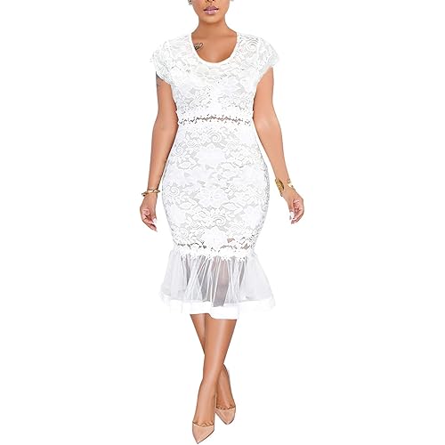 Salimdy Women Sexy Floral Lace Mesh Sheer Hollow Out Deep V Neck Spaghetti Strap Bodycon Pencil Mermaid Midi Dress