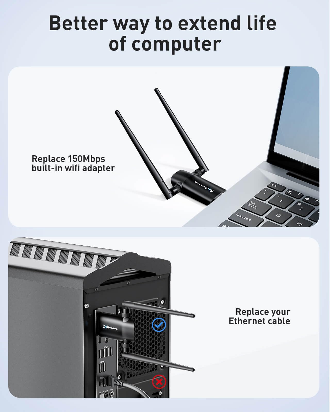 Wireless USB WiFi Adapter for PC - Nineplus 1300Mbps Dual 5Dbi Antennas 5G/2.4G WiFi Adapter for Desktop PC Laptop Windows11/10/8/7/Vista/XP, Wireless Adapters for Desktop Computer Network Adapters
