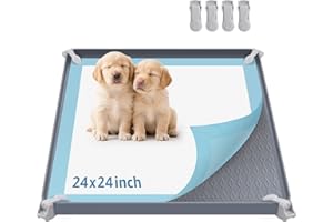 LOOBANI Dog Pee Pad Holder - Non-Slip Silicone Dog Potty Tray with 4 Clamps, High Edge Puppy Pad Holder Tray for Indoor Potty Training, 24" x 24" Square Puppy Training Pads, Gray