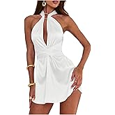 SweatyRocks Women's Sexy Criss Cross Deep V Neck Backless Halter Mini Dress Sleeveless A Line Short Dresses