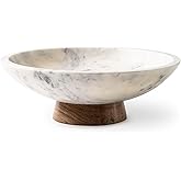 Cork & Mill Marble Decorative Bowl for Home Decor - Handcrafted Natural Stone with Acacia Wood Pedestal - Versatile 11" Catch All for Entryway, Kitchen Fruit Bowl, Potpourri, Dining Table Centerpiece