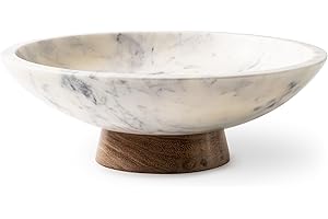 Cork & Mill Marble Decorative Bowl for Home Decor - Handcrafted Natural Stone with Acacia Wood Pedestal - Versatile 11" Catch All for Entryway, Kitchen Fruit Bowl, Potpourri, Dining Table Centerpiece