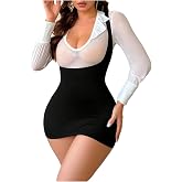 Milumia Women's Sexy Cosplay Lingerie Sheer Mesh Shirt Suspender Dress Set | Long Sleeve Lingerie Dress, Valentines Day, Babydoll Nightwear, Halloween Party Costume