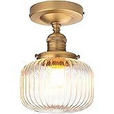 PERMO Small Semi-Flush Mount Ceiling Light Flat Ribbed Glass Shade, Antique Gold Finish, Modern Hallway Lighting Fixture