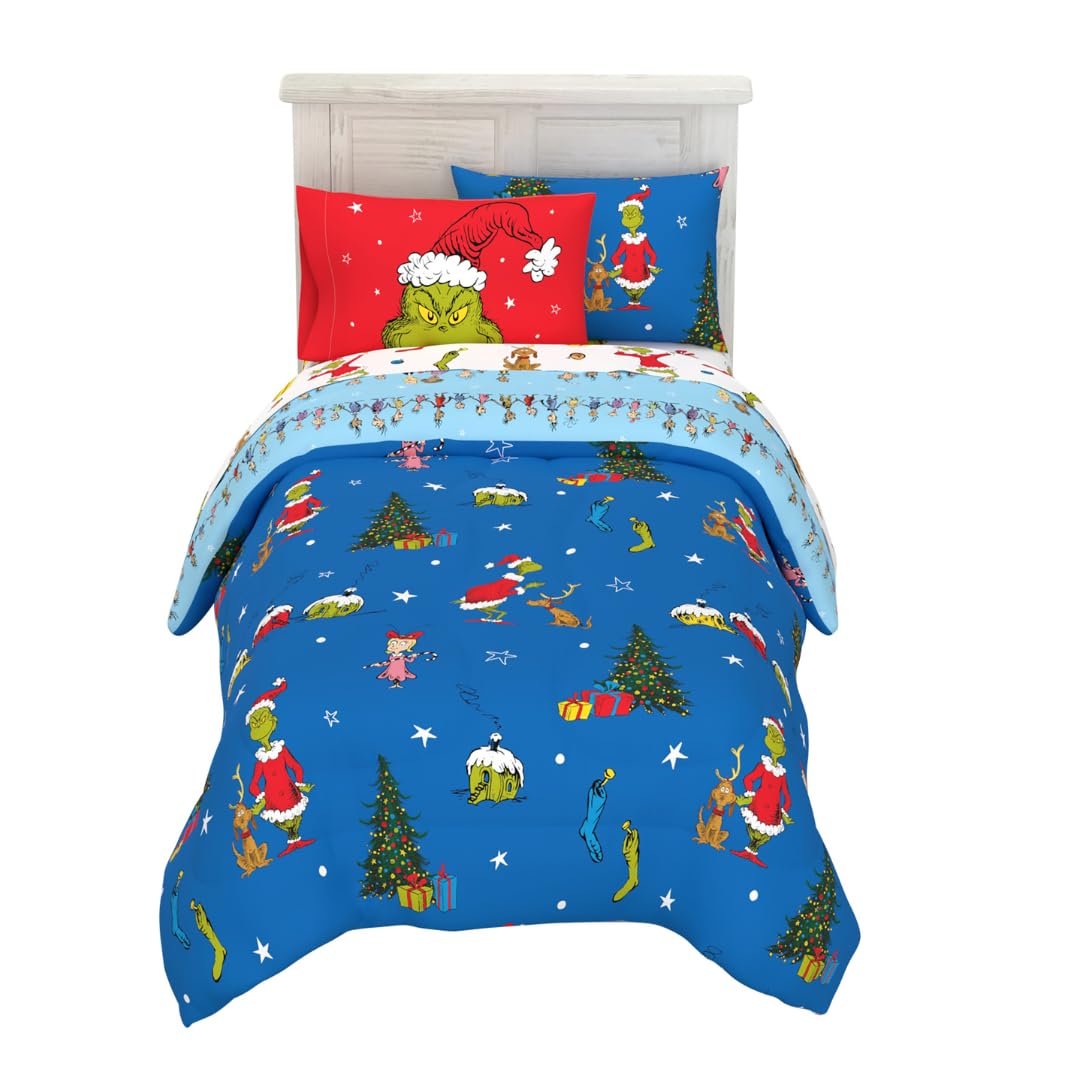 Grinch by Dr. Seuss Holiday & Christmas Bedding Soft Comforter and Sheet Set with Sham, 5 Piece Twin Size, (Official Dr. Seuss Product) by Franco Image