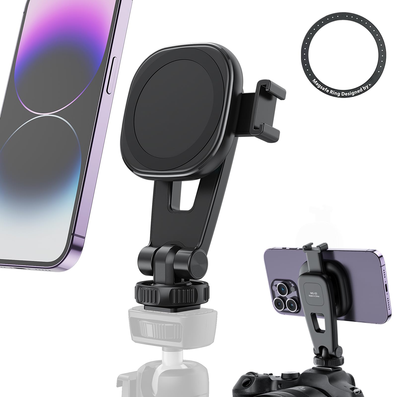 HAFOKO Magnetic Smartphone Tripod Mount Clamp Camera Phone Holder Desktop Adapter Stand with 1/4" Cold Shoe 360° Rotation Compatible for iPhone 16/15/14/13/12 Plus Max Android