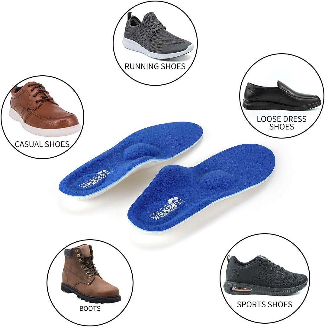 Walkomfy Plantar Fasciitis Pain Relief Orthotics - Flat Feet Arch Support Insoles Shoe Inserts for Men and Women/Sports Shock Absorption for Walking,Running,Hiking (Blue, 12-12.5 Women/10-10.5 Men): Health & Personal Care