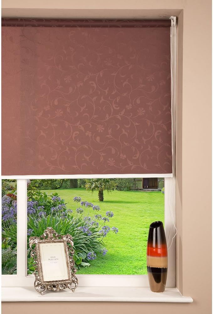 Luxury Easy to Install Kitchen Window Roller Blind Leaf Design - Trimmable - Chocolate (100cm Wide x 150cm Drop)