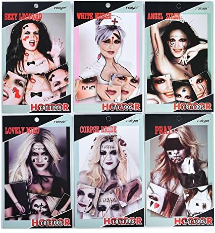 6 Sheet Halloween Temporary Tattoos Waterproof Cosplay Scar Blood Fake Tattoos Sticker Design For Hallowmas Women Kids