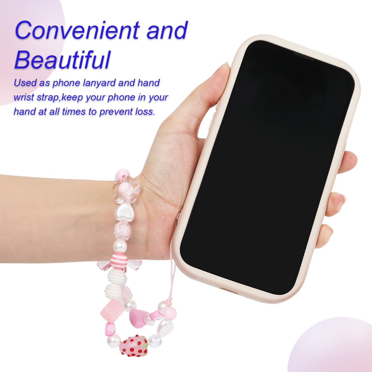 2pcs Cute Beaded Cellphone Straps Charms Butterfly Phone Lanyard Flower Phone Chain Strawberry Wrist Strap for Girls Woman (White and Pink)