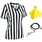 3 Pcs Women's Official Black & White Stripe Referee Shirt Zipper Collared V-Neck Referee Jersey ,Ref Whistle ,Yellow Penalty Flag for Basketball Football Soccer Refs Christmas Waitresses & Costume