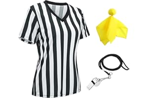 REDGINO 3 Pcs Women's Official Black & White Stripe Referee Shirt Zipper Collared V-Neck Referee Jersey ,Ref Whistle ,Yellow Penalty Flag for Basketball Football Soccer Refs Christmas Waitresses & Costume