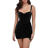 Sexyshine Women's Sexy Sleeveless Backless Strap Bodycon Dress Chic Velvet Ruched Pleated Elegant Mini Club Party Dress