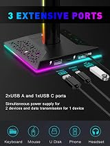 VCOM RGB Headphone Stand Holder with 2 USB 1 Type-C Ports Gaming Desk view 3