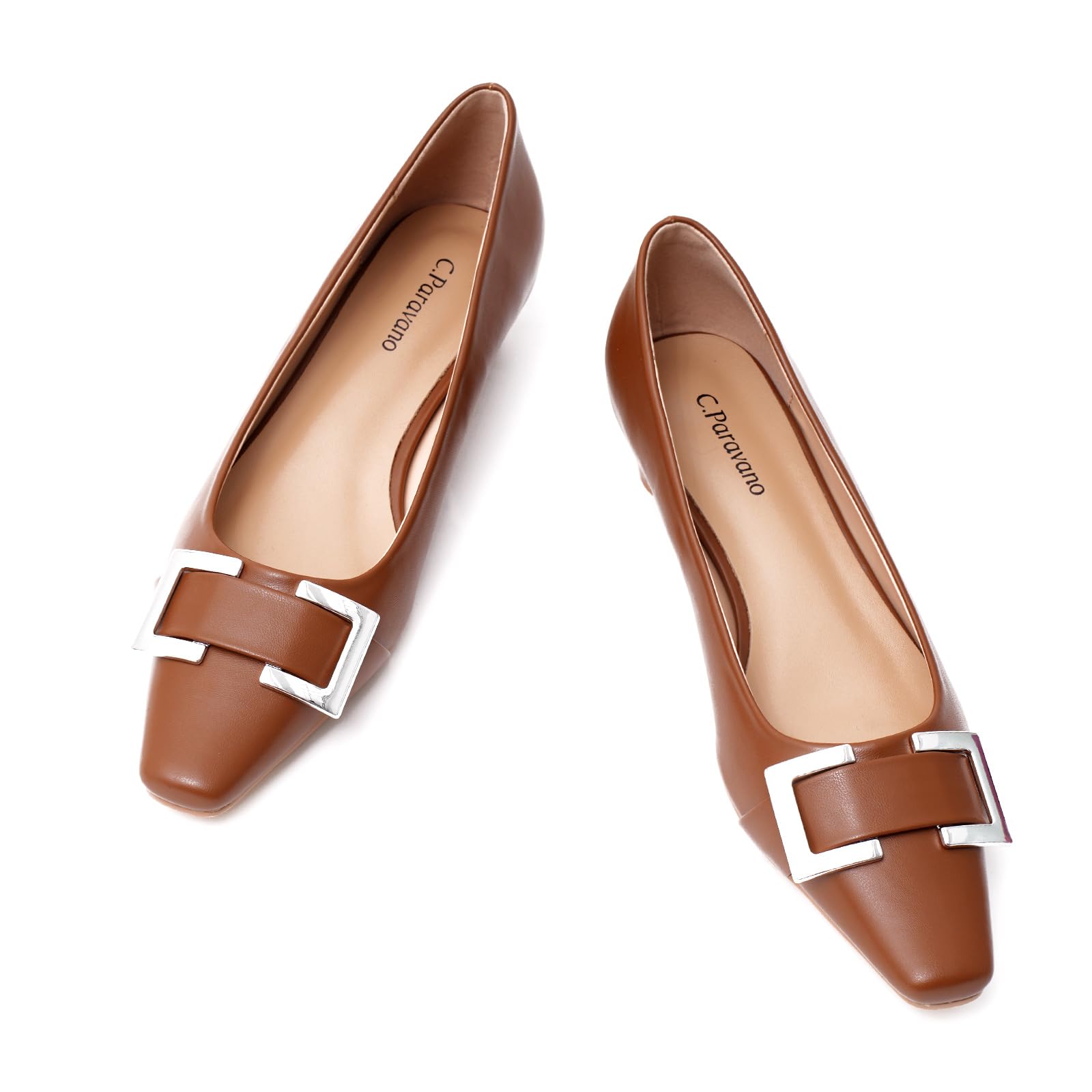 Photo 1 of C.Paravano Metal Buckle Square Toe Low Block Heels Closed Toe Chunky Heels 1.1 in Low Heel Pumps Vintage Women's Pump for Party Wear Dress Pumps Shoes Soft Lambskin(Brown,9.5)