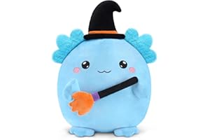 Finebee Halloween Axolotl Stuffed Animals, Axolotl Witch with Broom Stuffed Plush Halloween Party Gifts for Kids, Girls and Boys（Blue）