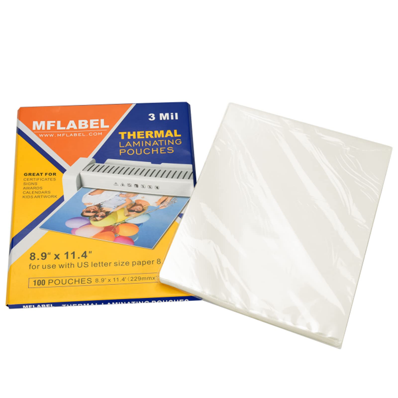 Photo 1 of MFLABEL Thermal Laminating Pouches, 8.9 x 11.4-Inches Clear Thermal Laminating Plastic Paper Laminator Sheets for Photos Files Drawings for Use with Thermal Laminators 3 mil 100-Pack