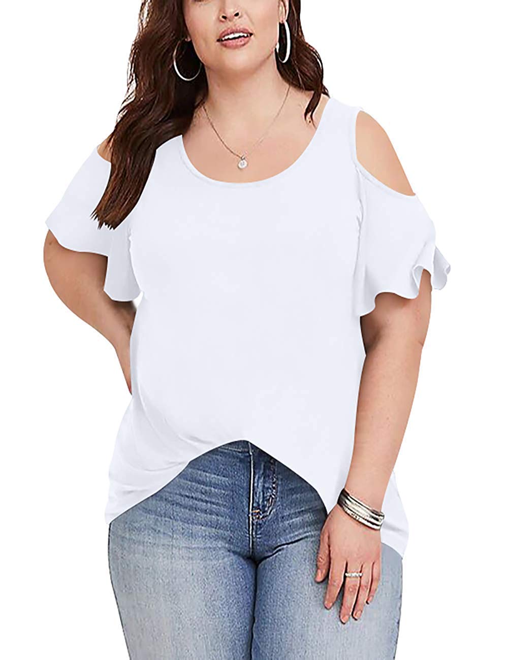 Womens Plus Size Tops Short Sleeve V Neck Cold Shoulder T Shirts for Teens Ladies White