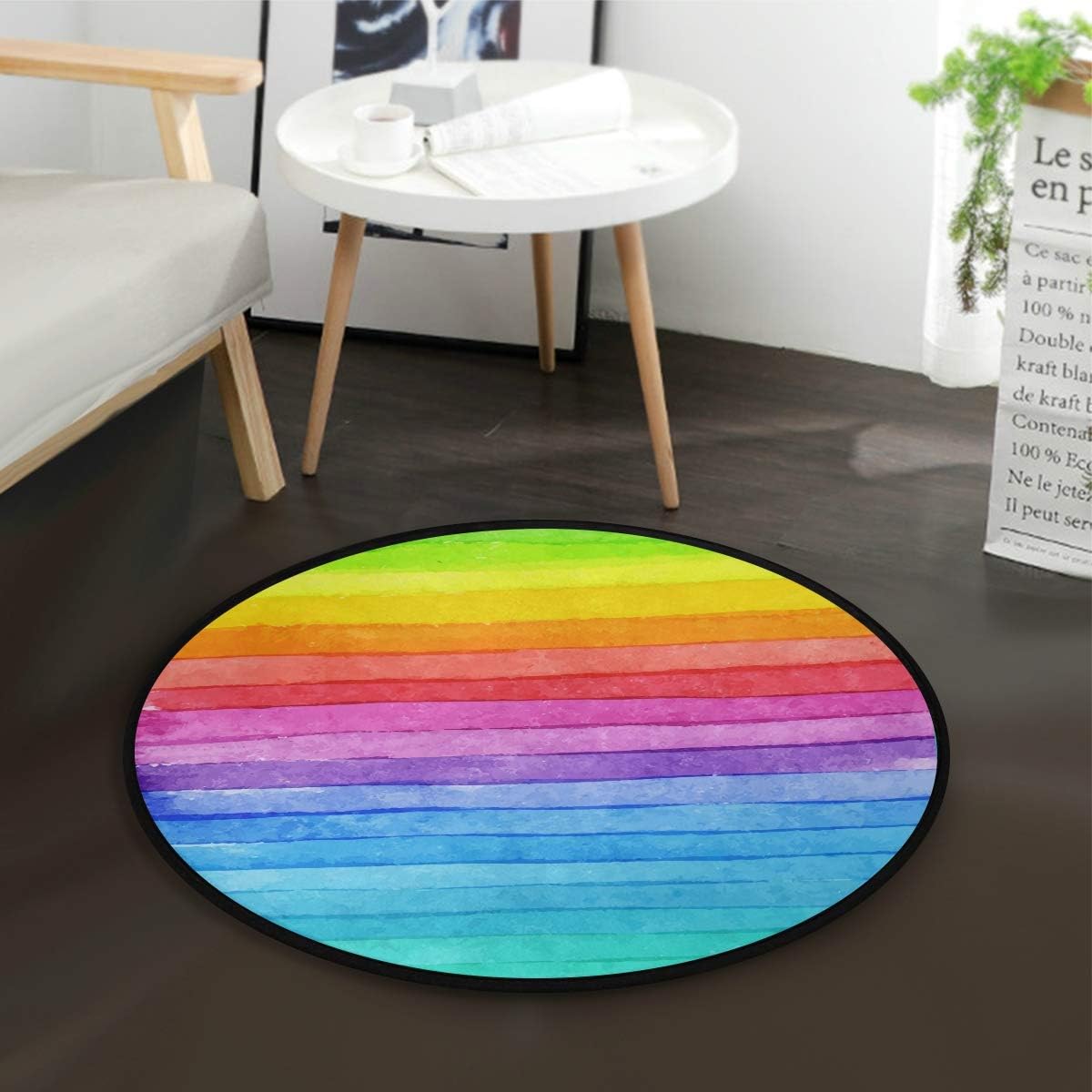 AMONKA Colorful Rainbow Stripes Kids Round Rug Baby Crawling Non-Slip Mats Child Activity Play Mat For Bedroom Playroom Home Decor (Diameter 36.2")