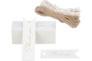 joycraft 100Pcs Mini Thank You Gift Tags with String, White Foil Gold Favor Hanging Tags, 2.75 x 0.75Inch Personalized Gift T