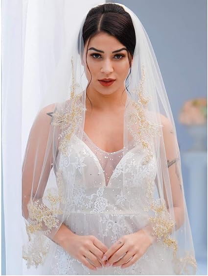 Amazon Com Unicra Gold Wedding Veil 1 Tier Bridal Tulle Applique